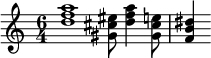 {\time 6/4 \relative d'' { <d f a>1 <gis, cis eis>8 <d' f a>4 <gis, cis e>8 <f b dis>4 }}