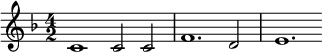 {\time 4/2 \key f \major \relative c' { c1 2 2 f1. d2 e1. }}