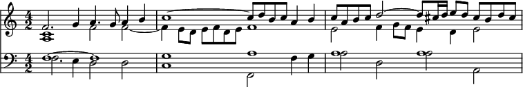 << \new Staff << \relative f' { \time 4/2 f2. g4 a4. g8 a4 b | c1~ c8 d b c a4 b c8 a b c d2~ d8 cis16 d e8 d cis b d cis } \\ \relative c' { <c a>1 f2 f2~ f4 e8 d e f d e f1 | e2 f4 g8 f e4 d e2 } >> \new Staff << \relative f { \clef bass f1~f g a a a } \\ \relative f { f2. e4 d2 d c1 f,2 f'4 g a2 d, a' a, } >> >>