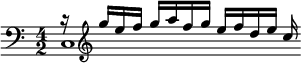 << \relative g'' { \time 4/2  r16 \clef treble g e f g a f g e f d e c } \\ \relative c { \clef bass c1*13/16 }  >>