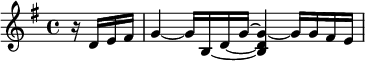 \relative d' { \set tieWaitForNote = ##t \key g \major \partial 4 r16 d e fis | g4~ g16 b,~ d~ g~ <g~ d b>4 g16 g fis e }