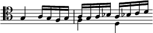  << \clef tenor \omit Score.TimeSignature
\relative c' { \set Timing.measureLength = #(ly:make-moment 2/4) g4 a16 g f g a g a bes a bes! c d \bar "" }
\\ \relative c' { \set Timing.measureLength = #(ly:make-moment 2/4) \once \override NoteHead.duration-log = #2 g1*1/2 f4 d \bar "" }
>> 