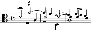 {\clef alto << \relative d' { d2 a'2~4 g f2~4 g8 f e4  } \\ \relative d { R1 r2 d a'1*3/4 \bar "" } \\ \relative a { r2 r4 a d2 d2~4 d c  } >>}