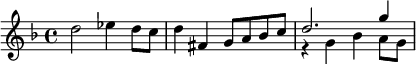 \relative d'' { \key f \major d2 ees4 d8 c | d4 fis, g8 a bes c | << \relative d'' { d2. g4 | } \\ \relative g' { r4 g bes a8 g } >> }