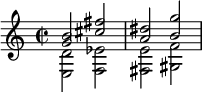 << \relative g' { \time 2/2 <g b>2 <cis fis> <a dis> <b g'> } \\ \relative e { <e d'>2 <f ees'> <fis e'> <gis f'> } >>