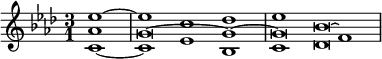 {\time 3/1 \partial 1 \key aes \major << \relative ees'' { ees1~1 c des ees bes\breve\laissezVibrer } \\ \relative c' { c1~1 ees bes c des\breve } \\ \relative aes' { aes1 g\breve~1~\breve f1 } >>}