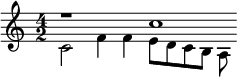 << \relative c'' { \time 4/2 r1 c1*1/2 } \\ \relative c' { c2 f4 f e8 d c b a8  } >>
