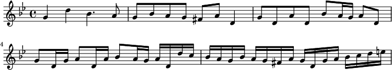 \relative g' { \key g \minor g4 d' bes4. a8 g bes a g fis a d,4 g8 d a' d, bes' a16 g a8 d, g d16 g a8 d,16 a' bes8 a16 g a d, d' c bes a g bes a g fis a g d g a bes c d e }