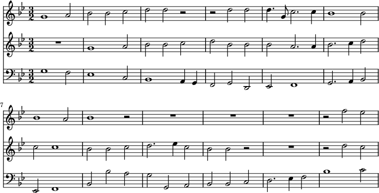 <<
\new Staff \with { \clef treble } \relative g' { \time 3/2 \key g \minor g1 a2 bes2 bes c d d r r d d d4. g,8 c2. c4 | bes1 bes2 bes1 a2 bes1 r2 R1. R1. R1. r2 f' ees }
\new Staff \with { \clef treble } \relative g' { \time 3/2 \key g \minor R1. g1 a2 bes2 bes c d bes bes bes a2. a4 bes2. c4 d2 c2 c1 bes2 bes c d2. ees4 c2 bes2 bes r2 R1. r2 d c }
\new Staff \with { \clef bass } \relative g { \time 3/2 \key g \minor g1 f2 ees1 c2 bes1 a4 g f2 g d ees f1 g2. a4 bes2 ees,2 f1 bes2 bes' a g g, a bes bes c d2. ees4 f2 | bes1 c2  }
>>