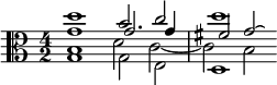 { \time 4/2 \clef alto << \relative d'' { d1 b2 c d1 } \\ \relative g { g1 g2 e d1 } \\ \relative g' { g1 g2. g4 fis2 g\laissezVibrer } \\ \relative b { b1 d2 c~c b } >> }