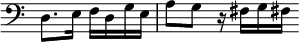 
\relative c { \clef bass \omit Score.TimeSignature \set Timing.measureLength = #(ly:make-moment 2/4) d8. e16 f d g e a8 g r16 fis g fis! \bar "" }
