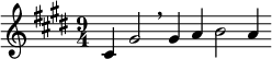 {\key cis \minor \time 9/4 \relative cis' { cis4 gis'2 \breathe gis4 a b2 a4 }}