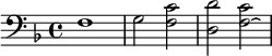 {\clef bass \key f \major \relative f { f1 g2 <f c'>2 <d d'> <f\laissezVibrer c'> }}