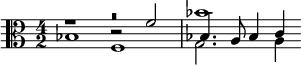 << \relative bes' { \time 4/2 \clef alto R\breve bes1 } \\ \relative bes { bes1 f g2. a4 } \\ \relative f' { r1 c2\rest f bes,4. a8 bes4 c } >>