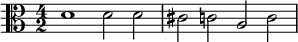 \relative d' { \clef alto \time 4/2 d1 d2 d cis c a c  }