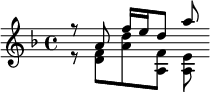 {\key d \minor << \relative a' { r8 a f'16 e d8 a' } \\ \relative d' { r8 <d f>8 <a' d> <a, f'> <a e'> } >>}