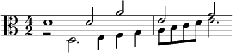 << \relative d' { \clef alto \time 4/2 d1 d2 a' e g } \\ \relative d { r2 d2. e4 f g a8 b c d e2.*2/3 } >>