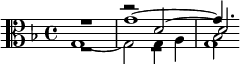 {\key f \major \clef alto << { R1 g'1~4. } \\ \relative g { g1~2 g4 a bes2*3/4 } \\ \relative d' { R1 r2 d2~2*3/4 } \\ \relative g { R1 R1 g1*3/8 \bar "" } >>}