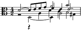 { \time 4/2 \clef alto << \relative d' { \clef alto d2~ d8 e f g a2 b } \\ \relative d { r2 d2~ d4 a'2 gis4 } \\ \relative d' { s1 f4 e e2\laissezVibrer } \\ \relative a { s2 r4 a d c b2 } >> }