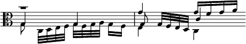  << \clef alto \omit Score.TimeSignature
\relative g' { \set Timing.measureLength = #(ly:make-moment 2/4) r1*1/2 g4 g16 f g a \bar "" }
\\ \relative g { \set Timing.measureLength = #(ly:make-moment 2/4) g8 c,32[ d e f] g[ f g a] g16[ f] e4 c \bar "" }
\\ \relative g { \set Timing.measureLength = #(ly:make-moment 2/4) g4 g g8 g32[ f e d] c'4 \bar "" }
>> 