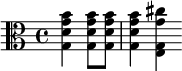 {\clef alto \partial 2 \relative g { <g d' g b>4 8 8 4 <e g g' cis> }}