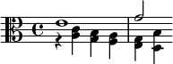 {\clef alto << \relative e' { e1 g2 } \\ \relative a { r4 <a c>4 <g b> <a f> <e g> <d b'> } >>}