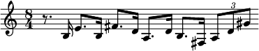 {\time 8/4 \relative b { r8. b16 e8. b16 fis'8. d16 a8. d16 b8. fis16 \tuplet 3/2 { a8 d gis } }}