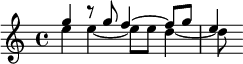 << \relative g'' { g4 r8 g f4~8 g e4 } \\ \relative e'' { e4 e4~8 e d4~8 } >>