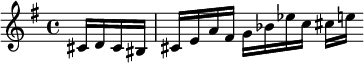 {\partial 4 \key g \major \relative cis' { cis16 d cis bis cis e a fis g bes ees c cis[ e!] }}