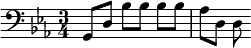 {\key ees \major \clef bass \time 3/4 \relative g, { g8[ d'] bes'8[ 8] 8[ 8] aes8[ d,] d }}