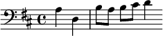 {\clef bass \partial 2 \key d \major \relative a { a4 d, b'8[ a] b[ cis] d4 }}