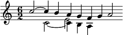 {\time 6/2 << \relative c'' { c2~4 b a g f g a2 } \\ \relative c' { s2 c2~4 b a } \\ \\ \relative e' { s2 s2 e2 } >>}