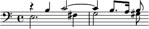 {\clef bass << \relative b { r4 b c2~4 b8. a16 b8} \\ \relative e { e2. fis4 g2 gis8 } >>}