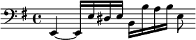 {\key e \minor \clef bass \relative e, { e4~16 e' dis e b b' a b e,8 }}