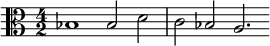 \relative bes { \clef alto \time 4/2 bes1 bes2 d c bes a2. }