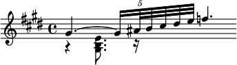 << \relative gis' { \key e \major gis4.~ gis16 \tuplet 5/4 ais32 b cis dis e f4. } \\ \relative e' { r4 <e b gis>8. r16  } >>