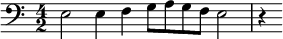 \relative e { \clef bass \time 4/2 e2 e4 f g8 a g f e2 r4 }