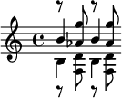 << \relative aes' { r8 <aes g'>8 r8 8 } \\ \relative b { b4 b } \\ \relative b' { b4 b } \\ \relative d' { r8 <d f,>8 r8 8 }  >>