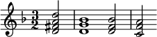 {\time 3/2 \partial 2 \key d \minor \relative d' { <d fis a d>2 <d g bes>1 <d f bes>2 <c f a>2 }}