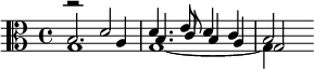 {\clef alto << \relative d' { r2 d d4. e8 d4 c b2 } \\ \relative g { g1 g~4 } \\ \relative b { b2. a4 b4. c8 b4 a g2 } >>}