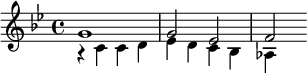 {\key bes \major << \relative g' { g1 g2 ees f } \\ \relative c' { r4 c c d ees d c bes aes } >>}