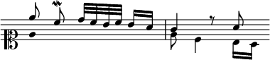  << \clef soprano \omit Score.TimeSignature
\relative c'' { \set Timing.measureLength = #(ly:make-moment 2/4) e8\noBeam c\mordent d32[ c b c] b16[ a] g4 r8 a \bar "" }
\\ \relative c' { \set Timing.measureLength = #(ly:make-moment 2/4) \once \omit Stem e4*2 e8 c4 b16 a \bar "" }
>> 