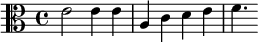 {\clef alto \relative e' { e2 4 4 a, c d e f4. }}