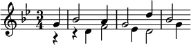 {\time 3/4 \partial 4 \key g \minor << \relative g' { g4 bes2 a4 g2 d'4 bes2 } \\ \relative d' { r4 r4 d f2 ees4 d2 g4 } >>}