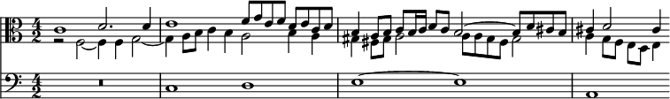 << \new Staff << \relative c' { \time 4/2 \clef alto c1 d2. d4 e1 f8 g e f d e c d b4 a8 b c8 b16 c d8 c8 b2~ b8 d cis b cis4 d2 cis4 } \\ \relative f { r2 f2~ f4 f g2~ g4 a8 b c4 b a2 b4 a gis fis8 gis a2 a8 a gis fis gis2 a4 g8 f e d e4 } >> \new Staff \relative c { \clef bass R\breve c1 d e1~e a, } >>