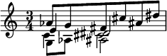 << \relative aes' { \time 3/4 aes8 g fis cis' ais dis } \\ \relative g { g8 aes ais2 } \\ \relative e' { e4 dis2 } \\ \relative c' { c4 cis2 } >>