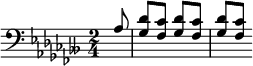 {\clef bass \key fes \major \time 2/4 \voiceOne \partial 8 aes8 \repeat unfold 3 { <ges des'>8[ <fes ces'>] }}