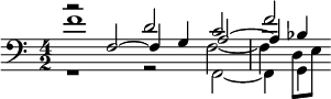 { \time 4/2 \clef bass << \relative f' { f1 d2 c f } \\ \relative f, { r1 r2 f2~ f4 g } \\ \relative f { r2 f2~4 g a2~a4 bes } \\ \relative f { s1 s2 f2~f4 d8 e } >> }