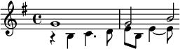 {\key g \major << {g'1 g'2 b'2*1/4 } \\ \relative b { r4 b c4. d8 e b e4~e8 } >>}