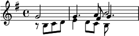 {\partial 2 \key g \major << \relative g' { g2 g4. a8 b2 } \\ \relative b { r8 b c d e4 d8 c b } \\ \relative fis' { s2 s4. fis8 g4. } >>}